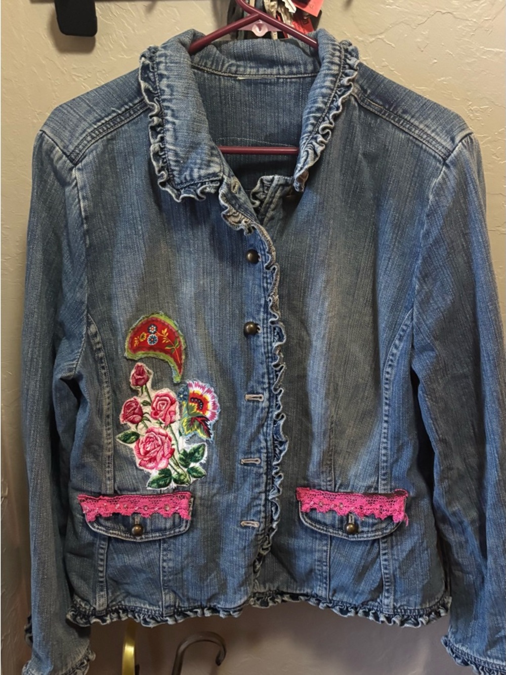 Women's Blue Denim Jacket with Pink Floral Embroidery
